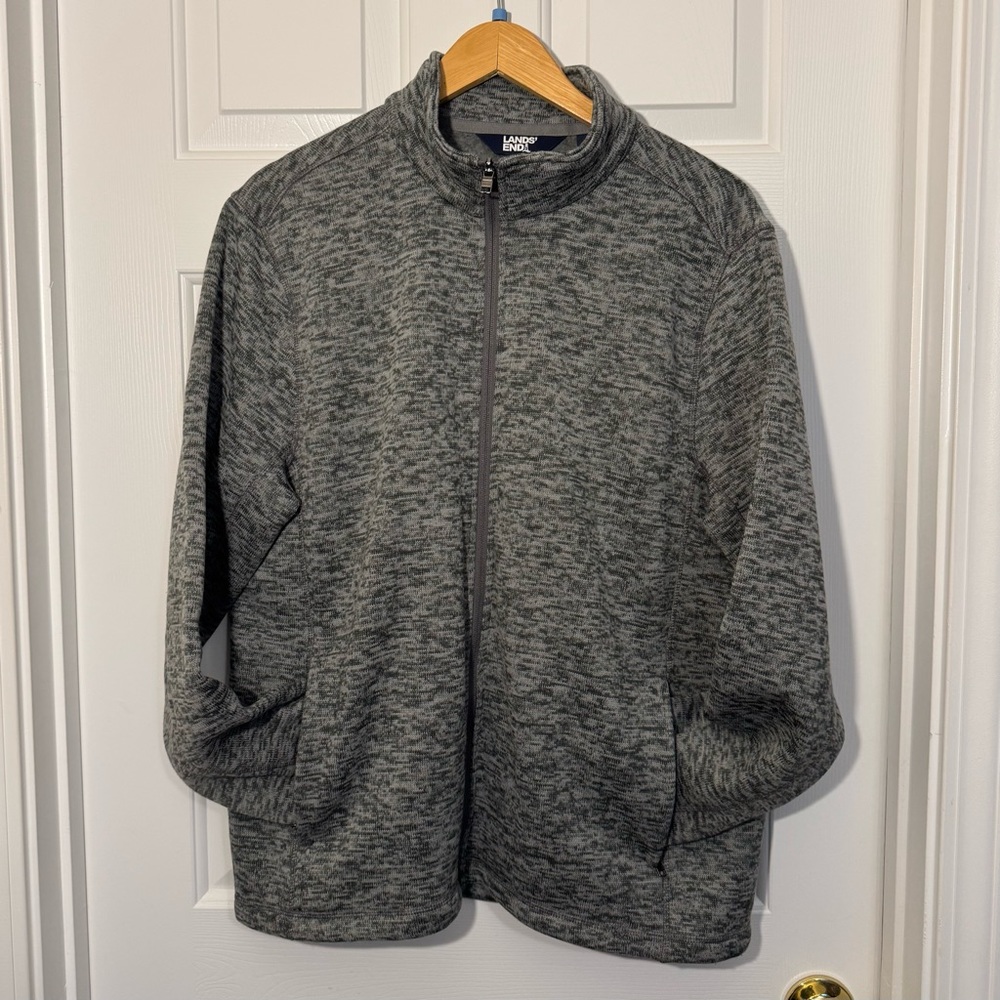 Land's End Men's Okeo-Tex Full Zip Sweater Jacket L Grey/Black Front Zip Pockets